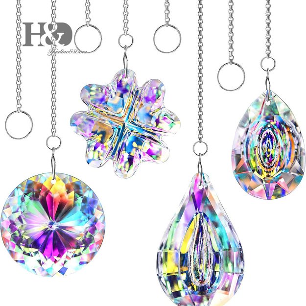 4 dalių krištolinių saulės gaudyklių rinkinys – pakabinamos lango ar sodo dekoracijos su vaivorykštės efektu - Kristall H&D