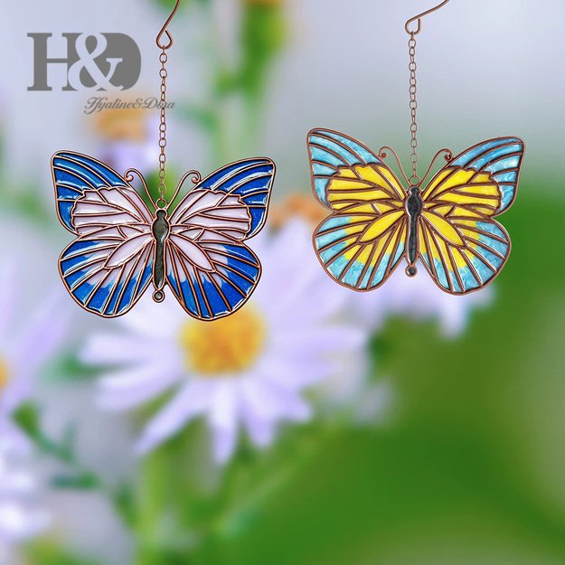 Vitražiniai pakabinami drugeliai langui – spalvota saulės gaudyklė (2 vnt., 22,8 × 11 cm) - H&D