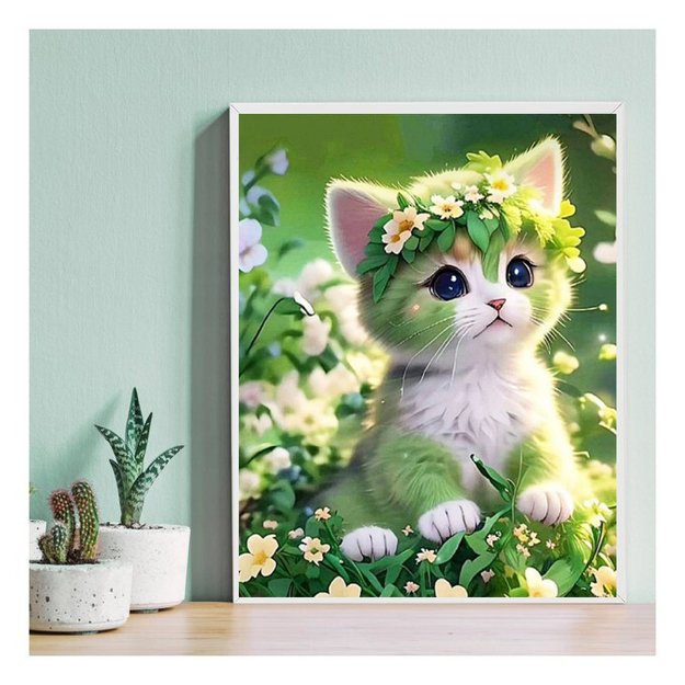 Diamond Painting 5D 30x40cm (35x45cm) Cute Kitten with Flower Crown