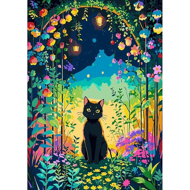 Dimanta mozaīka 5D 30x40cm (35x45cm) melns kaķis dārzā naktī ar laternām