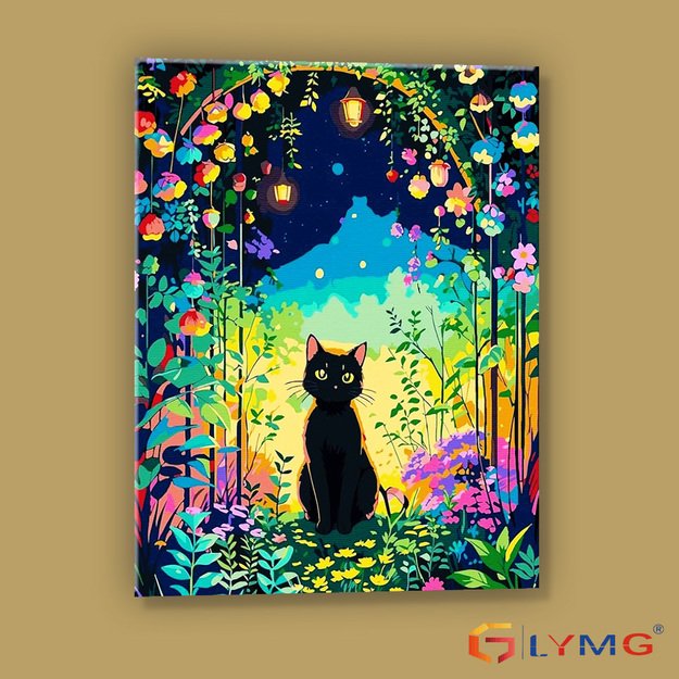 Dimanta mozaīka 5D 30x40cm (35x45cm) melns kaķis dārzā naktī ar laternām