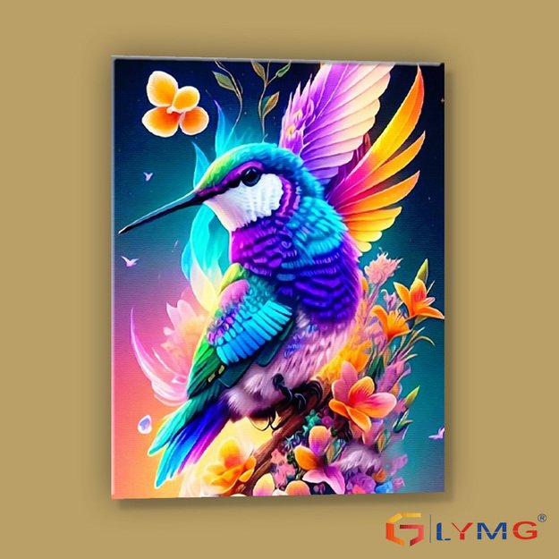 Dimanta mozaīka 5D 30x40cm (35x45cm) krāsains kolibris starp ziediem
