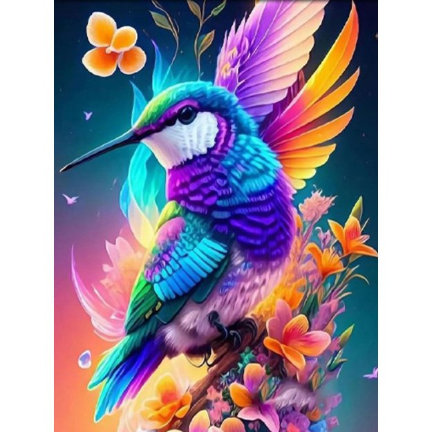 Dimanta mozaīka 5D 30x40cm (35x45cm) krāsains kolibris starp ziediem