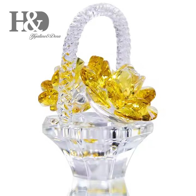 Crystal Yellow Rose Basket Ornament – Decorative Figurine for Gift or Interior