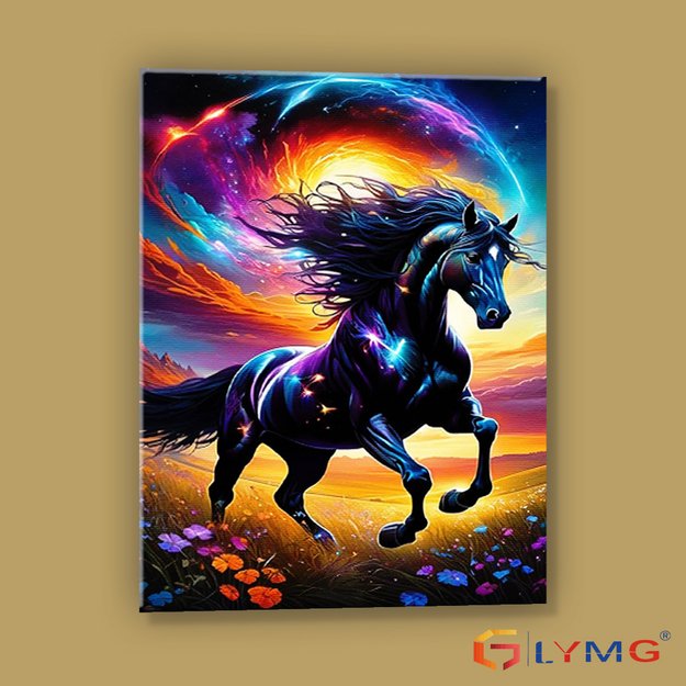 Dimanta mozaīka 5D 30x40cm (35x45cm) melns zirgs zem krāsainām debesīm