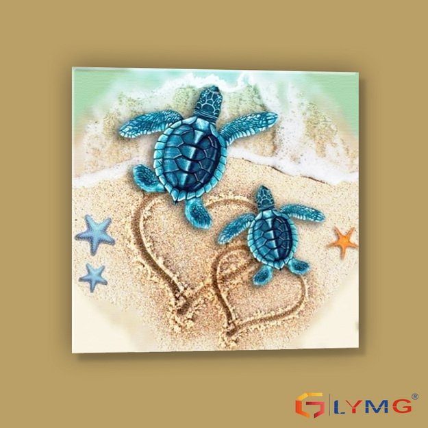 Diamond Painting 5D 30x30cm (35x35cm) Two Turtles and Hearts in Sand