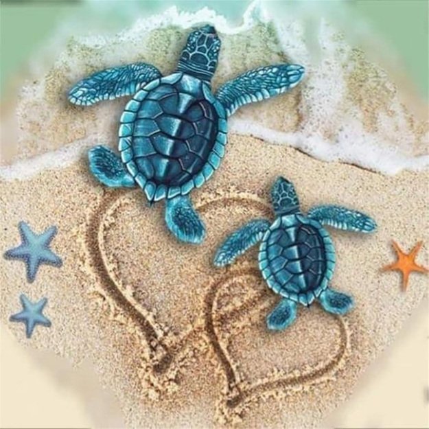 Diamond Painting 5D 30x30cm (35x35cm) Two Turtles and Hearts in Sand