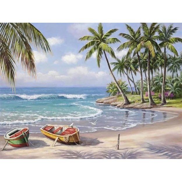 Dimanta mozaīka 5D 30x40cm (35x45cm) tropiska pludmale ar palmām un laivām