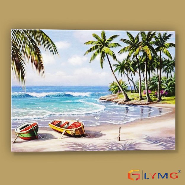 Dimanta mozaīka 5D 30x40cm (35x45cm) tropiska pludmale ar palmām un laivām
