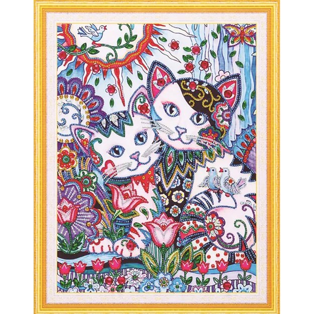 Dimanta mozaīka 5d divas kaķes un ziedi 40x50cm (47x57cm)