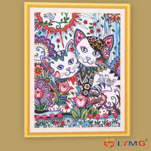 Dimanta mozaīka 5d divas kaķes un ziedi 40x50cm (47x57cm)