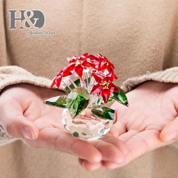 Kristāla sarkanā puķe (puansetija) vāzē – dekoratīva figūriņa – kristāls H&D