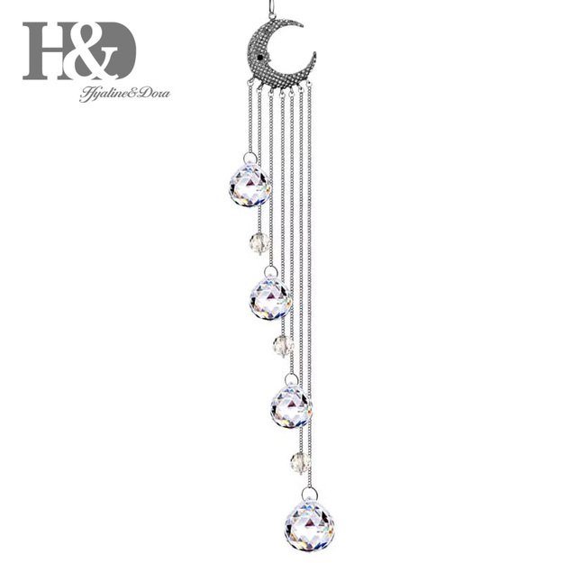 Crystal Hanging Suncatcher with Moon and Prism Balls – 52cm Window Decoration