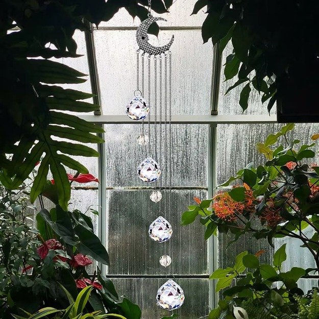 Crystal Hanging Suncatcher with Moon and Prism Balls – 52cm Window Decoration