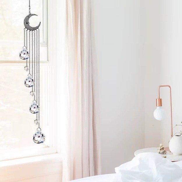 Crystal Hanging Suncatcher with Moon and Prism Balls – 52cm Window Decoration
