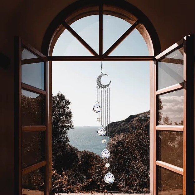 Crystal Hanging Suncatcher with Moon and Prism Balls – 52cm Window Decoration