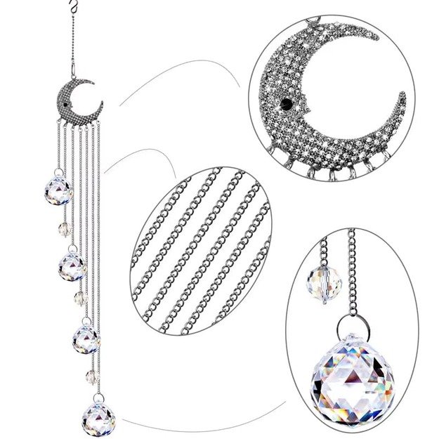 Crystal Hanging Suncatcher with Moon and Prism Balls – 52cm Window Decoration