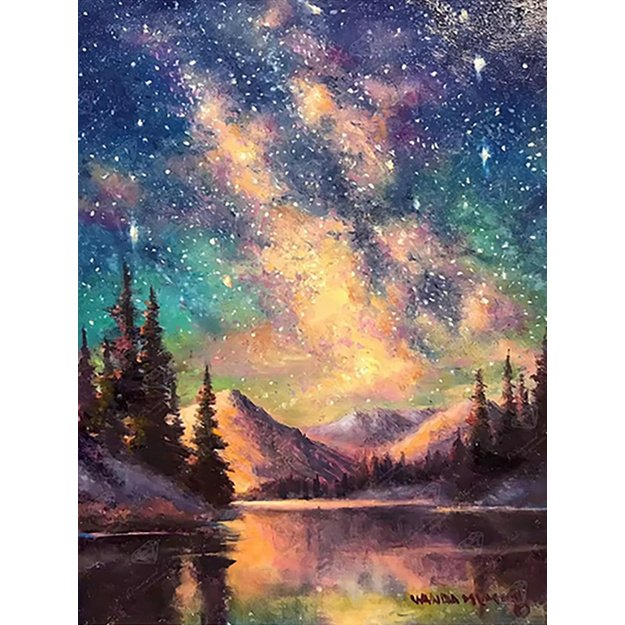 Dimanta mozaīka 5D 30x40cm (35x45cm) kalni un Piena ceļš virs ezera