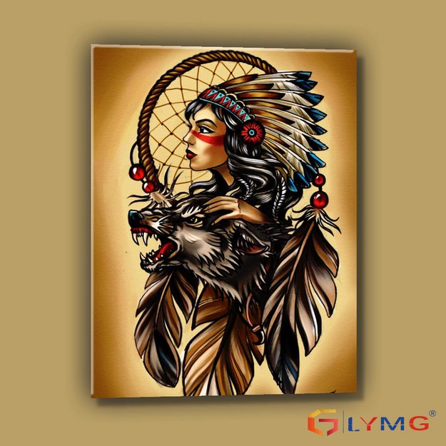 Diamond Painting 5D 30x40cm (35x45cm) Native Girl with Wolf and Feathers