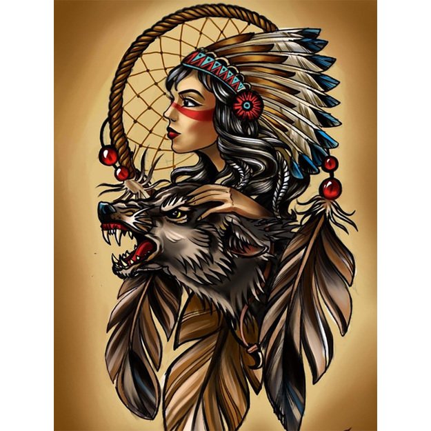 Diamond Painting 5D 30x40cm (35x45cm) Native Girl with Wolf and Feathers