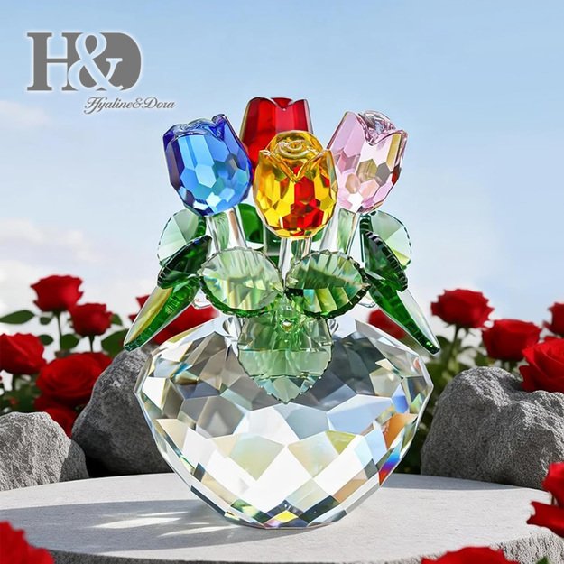 Krāsainu kristāla rožu pušķis vāzē - kristāls H&D