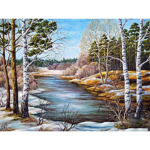 Diamond Painting 5D 40x30cm (45x35cm) Winter Forest Stream with Birch Trees
