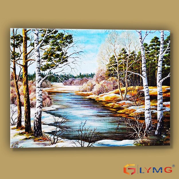 Diamond Painting 5D 40x30cm (45x35cm) Winter Forest Stream with Birch Trees