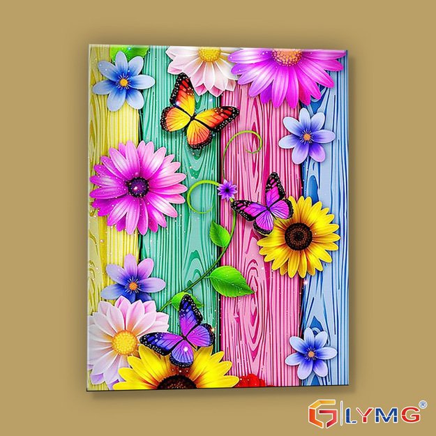 Dimanta mozaīka 5D 30x40cm (35x45cm) krāsaini tauriņi un ziedi uz krāsaina fona