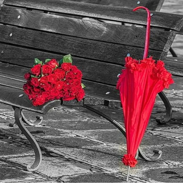 5D diamond painting set 30x30cm (35x35cm) umbrella, flowers, bench