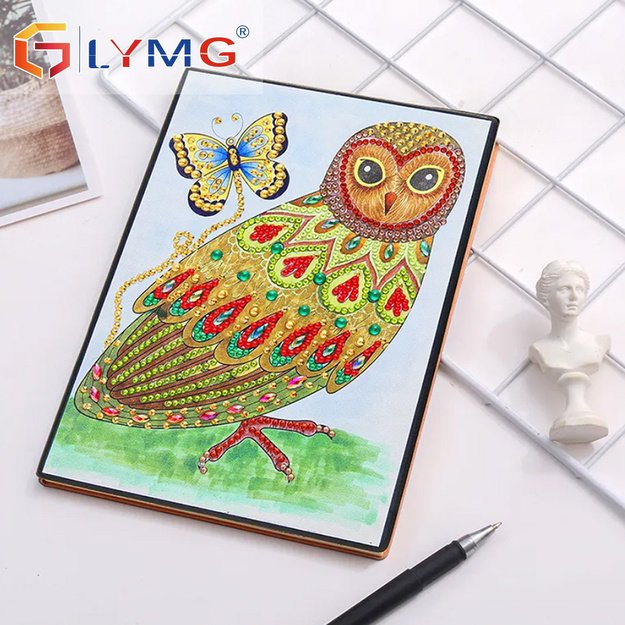 Diamond painting set - notebook 50 pages, cover illustration – owl with butterfly