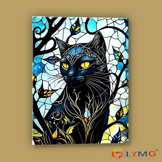 Diamond Painting 5D 30x40cm (35x45cm) Black Cat in Stained Glass Style