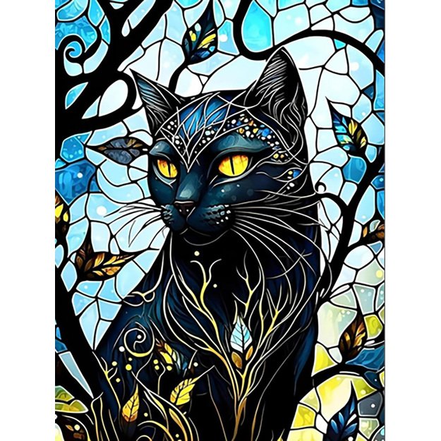 Diamond Painting 5D 30x40cm (35x45cm) Black Cat in Stained Glass Style
