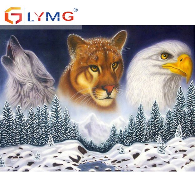 Diamond Painting 5D 30x40cm (35x45cm) Wildlife Scene – Wolf, Puma and Eagle in Snowy Forest