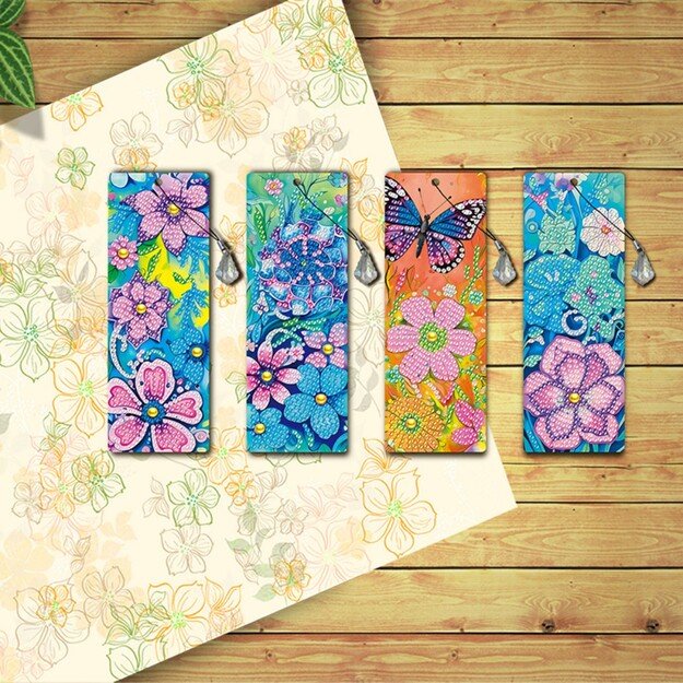 Skirtukų knygoms rinkinys (4 vnt.) su deimantine mozaika „Gėlės ir vabzdžiai“, DIY