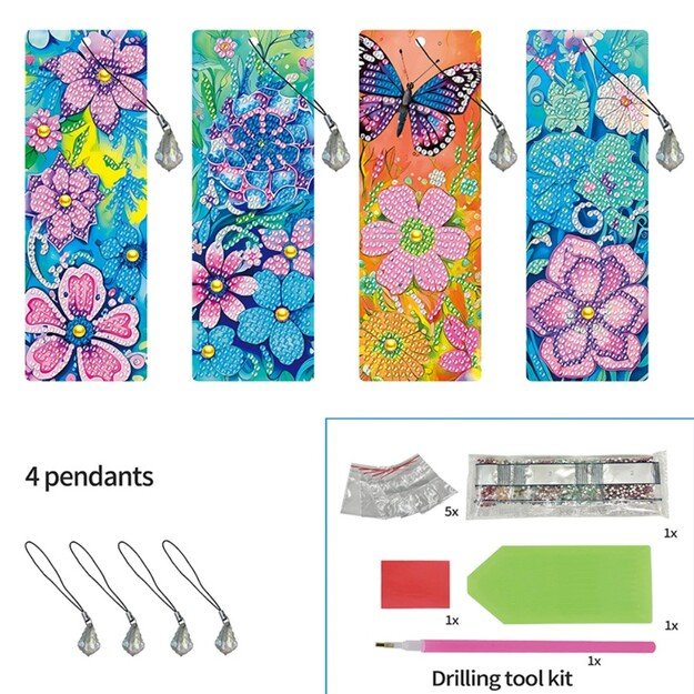 Skirtukų knygoms rinkinys (4 vnt.) su deimantine mozaika „Gėlės ir vabzdžiai“, DIY