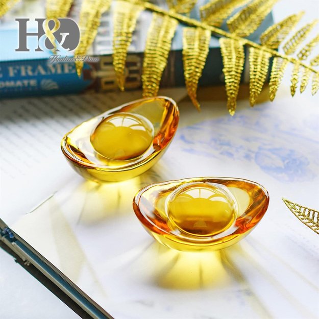 Feng Shui Amber Crystal Gold Ingot Figurines for Wealth – Set of 2