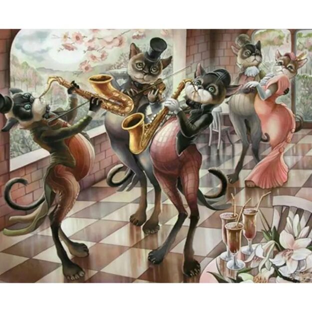 Pilno dėliojimo mozaikinė dėlionė 30x36cm (35x41cm) kačių balius, orkestras